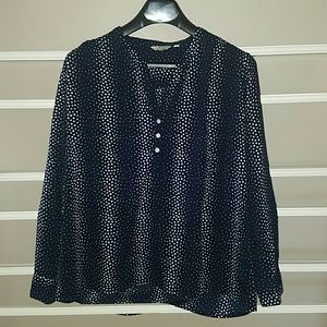 Partial button down blouse in blue with white dot